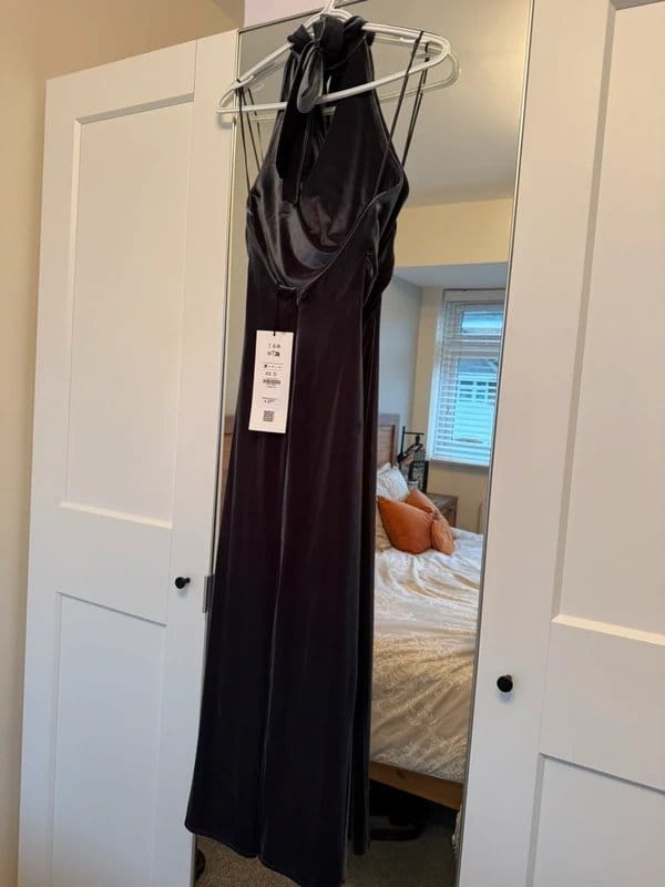 Bershka Charcoal Grey Velvet Halter Midi Dress