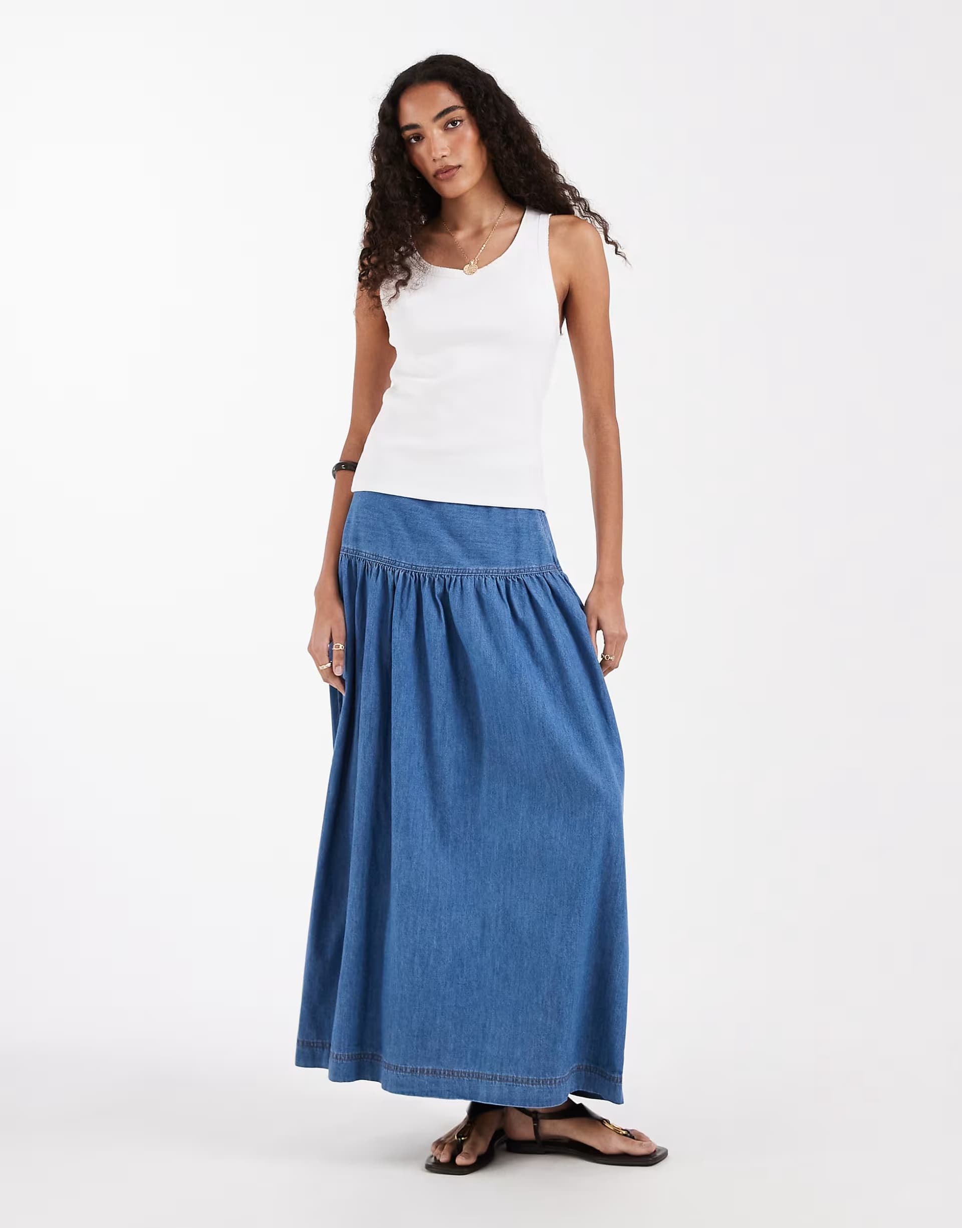 ASOS ONLY Tall dropped waist denim maxi skirt in mid blue