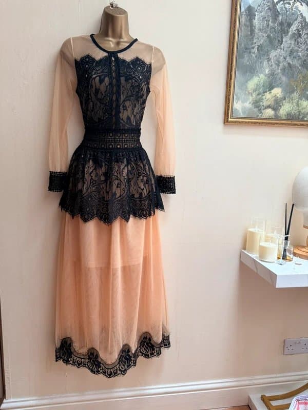 Ye Baili Ye Baili black apricot lace full length evening dress gown