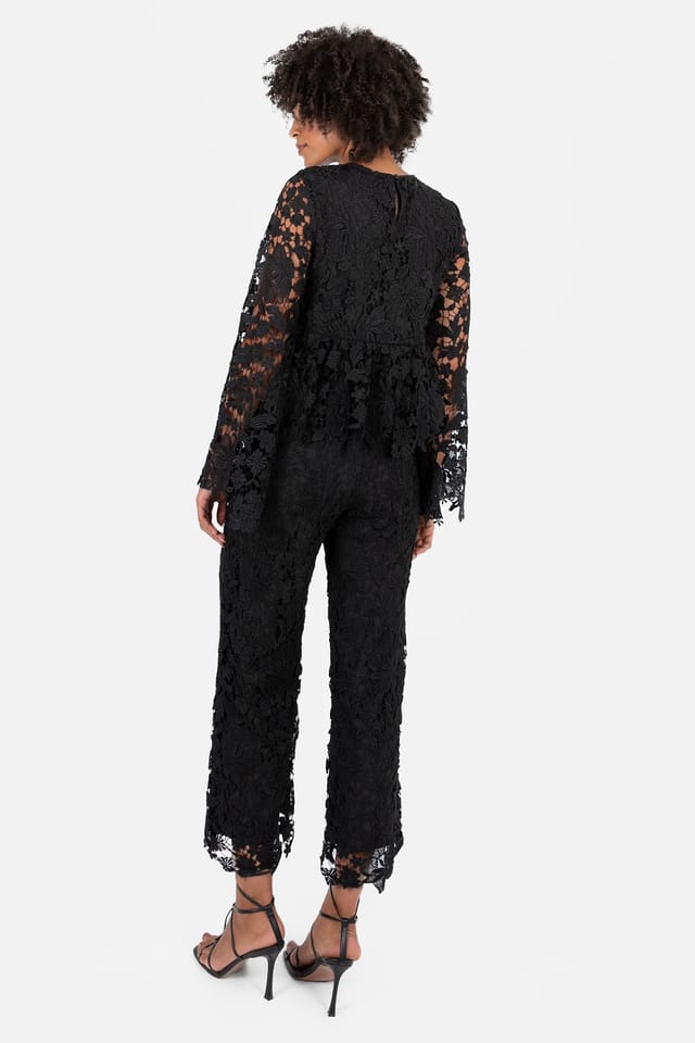 Lovedrobe Lovedrobe Women's Floral Lace Bell Sleeve Peplum Top in Black - 2