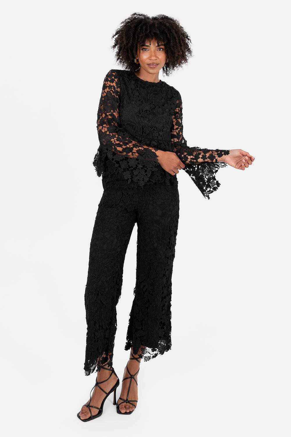 Lovedrobe Lovedrobe Women's Floral Lace Bell Sleeve Peplum Top in Black - 3