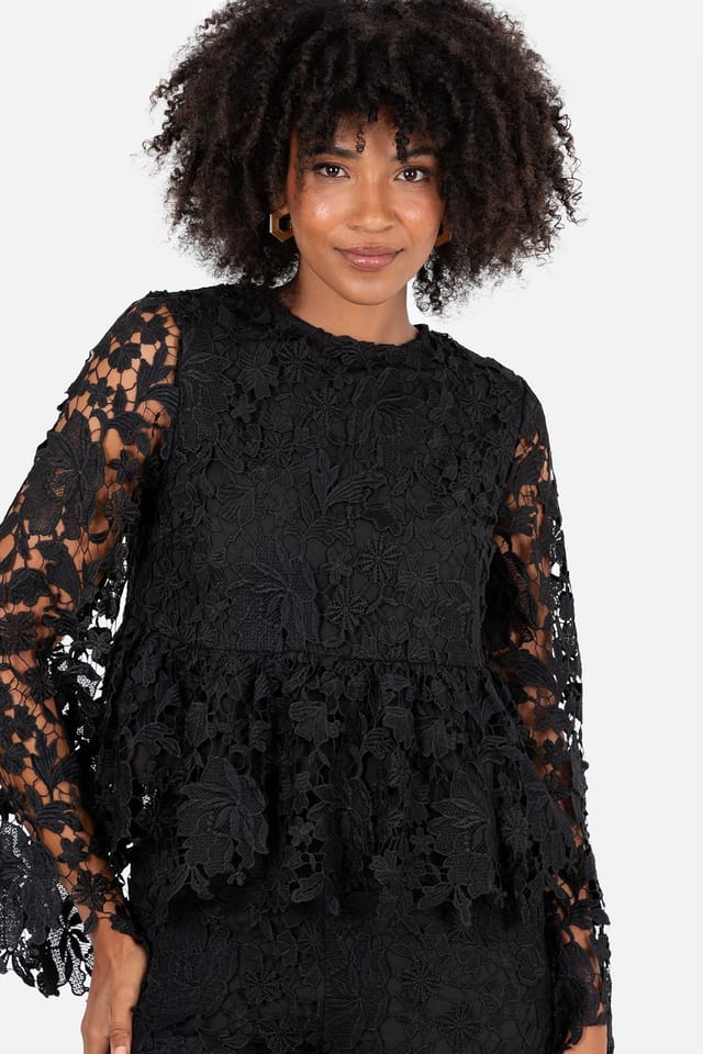 Lovedrobe Lovedrobe Women's Floral Lace Bell Sleeve Peplum Top in Black - 3