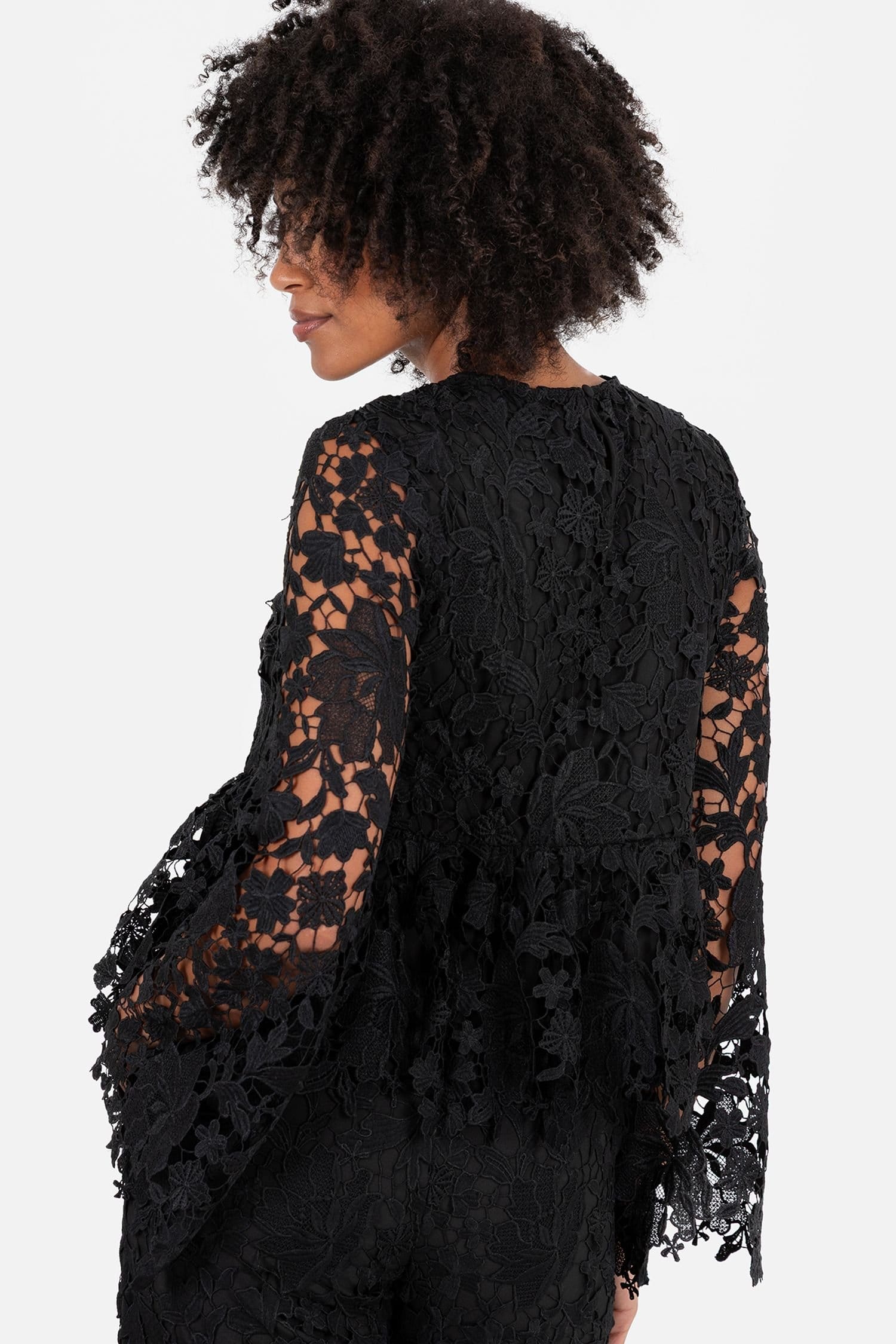 Lovedrobe Lovedrobe Women's Floral Lace Bell Sleeve Peplum Top in Black - 4