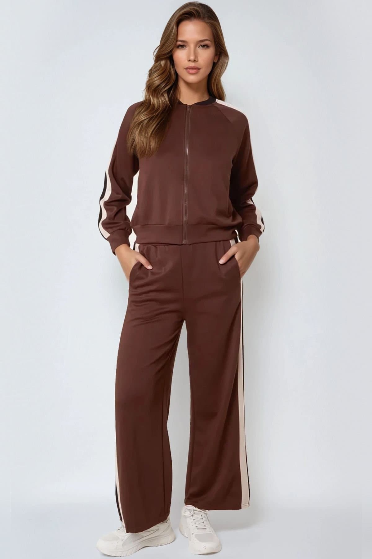 Aftershock London Aftershock London Women's Stripe Bomber Jacket & Jogger Set in Brown