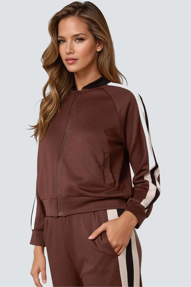 Aftershock London Aftershock London Women's Stripe Bomber Jacket & Jogger Set in Brown - 2
