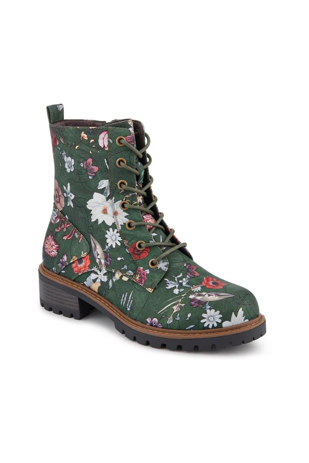 Pavers Pavers Women's Green Floral Lace-Up Ankle Boots
