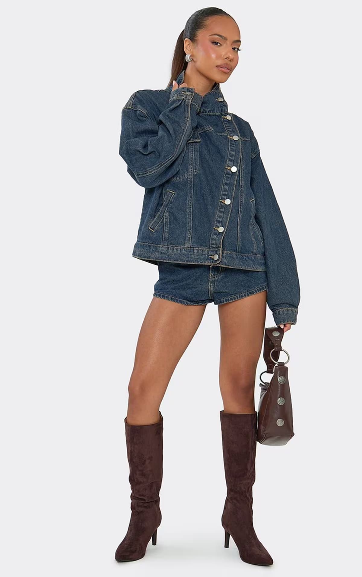 EGO Funnel Neck Asymmetric Button Front Oversized Jacket In Vintage Blue Wash Denim, Women's Size UK 6