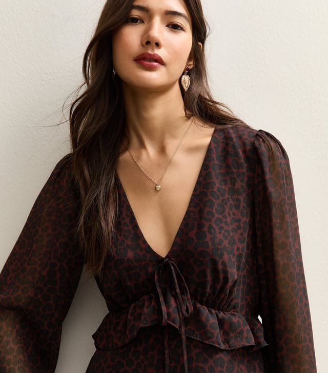 New Look Women's Burgundy Animal Print Chiffon Long Sleeve Mini Dress New Look - 3
