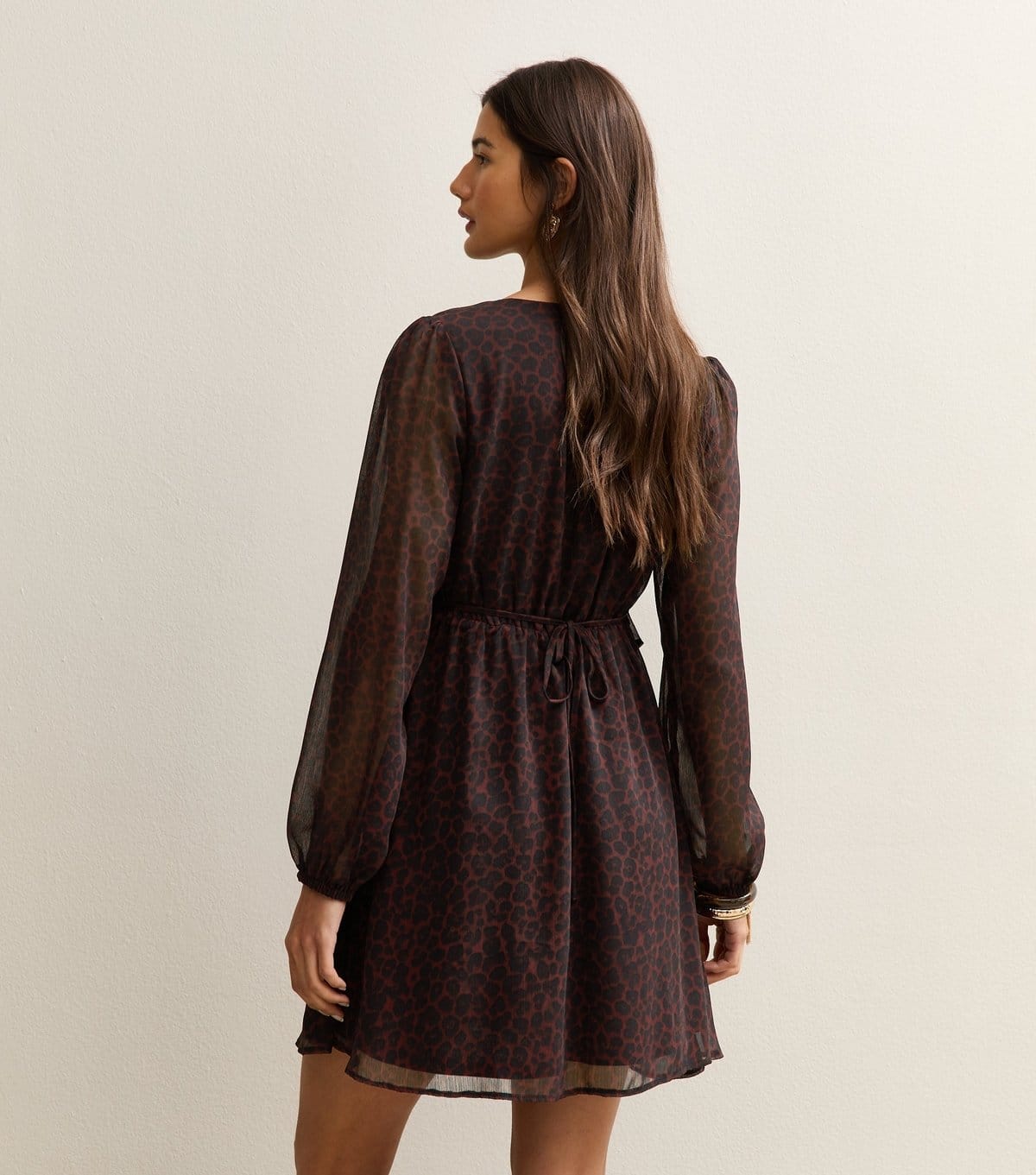 New Look Women's Burgundy Animal Print Chiffon Long Sleeve Mini Dress New Look - 4