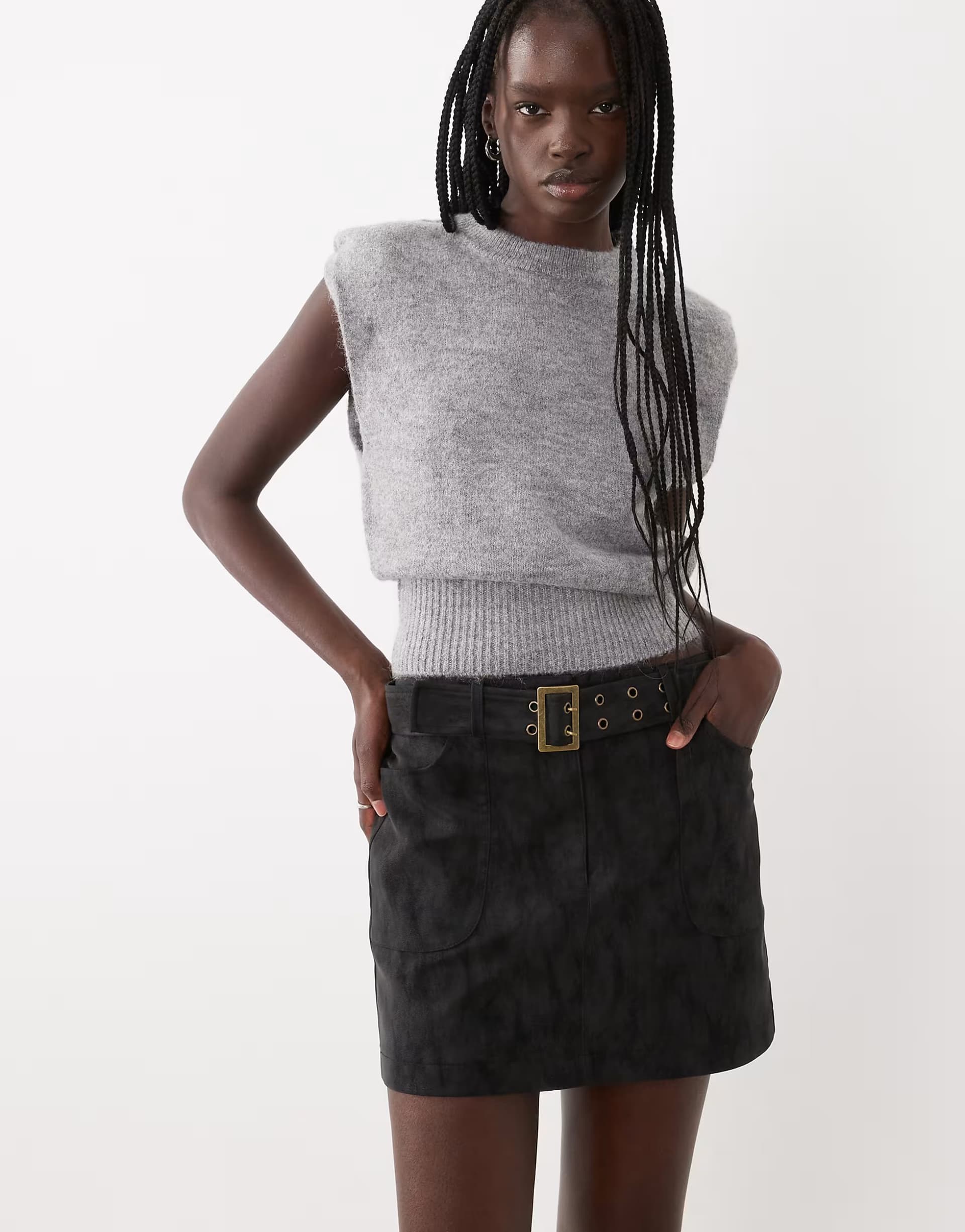 ASOS New Look belted A-line faux suede mini skirt in black