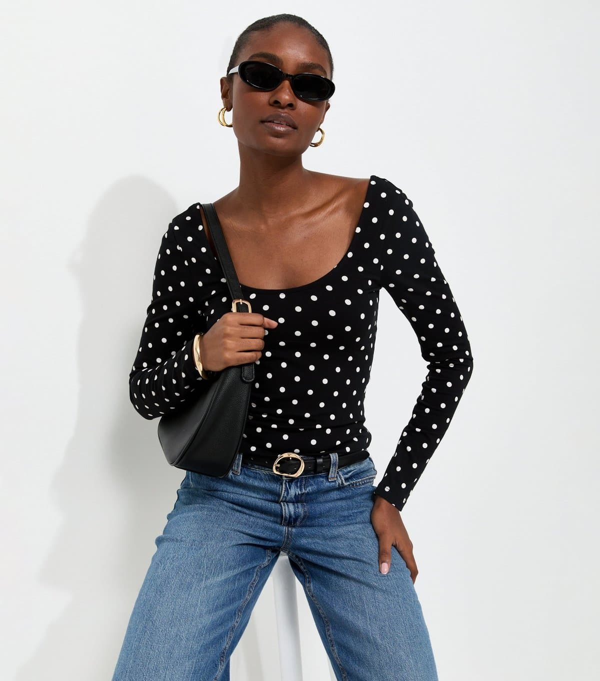 New Look New Look Black Polka Dot Long Sleeve Scoop Neck Top