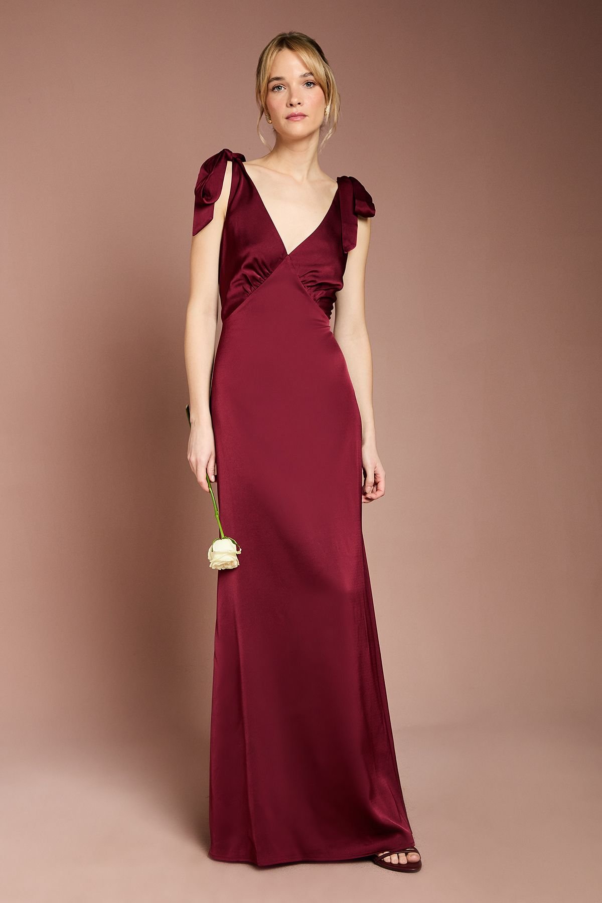 Coast Coast Women's Honoured Satin Back Crepe V Neck Tie Shoulder Maxi Bridesmaid Dress in Malbec - 2