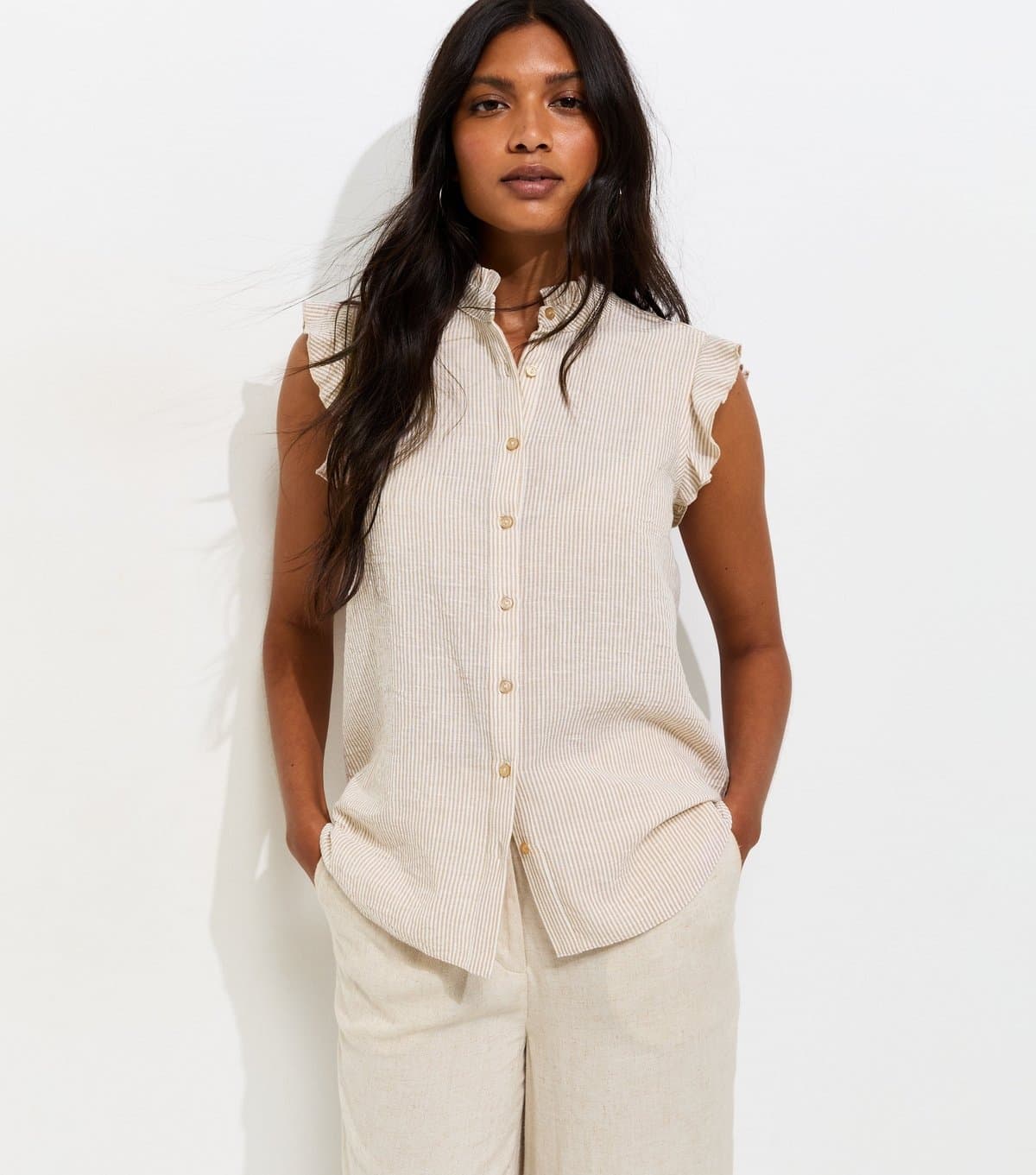 New Look Women's Cream Cotton Striped Sleeveless Frill Shirt New Look