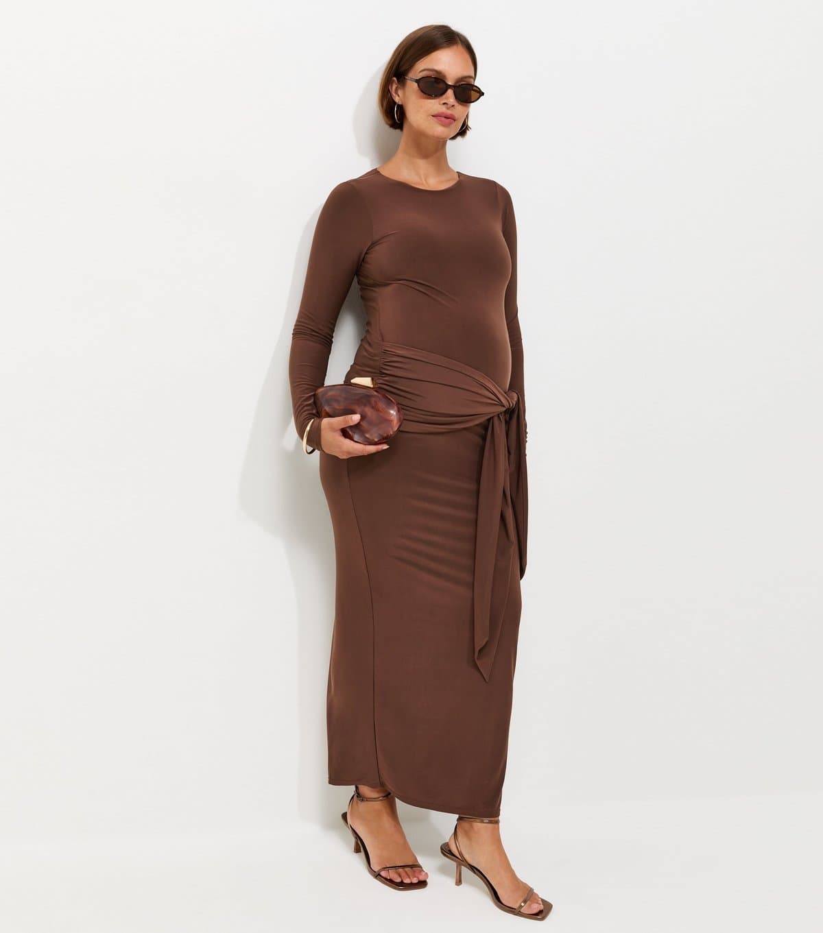 New Look Women's Maternity Dark Brown Long Sleeve Bow Under Bump Jersey Dress New Look