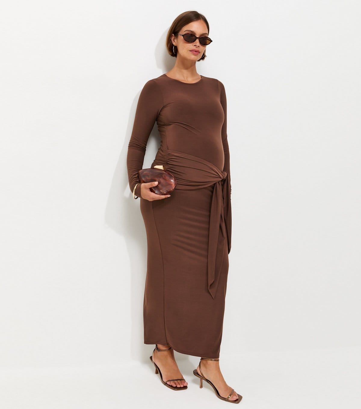 Women's Maternity Dark Brown Long Sleeve Bow Under Bump Jersey Dress New Look
