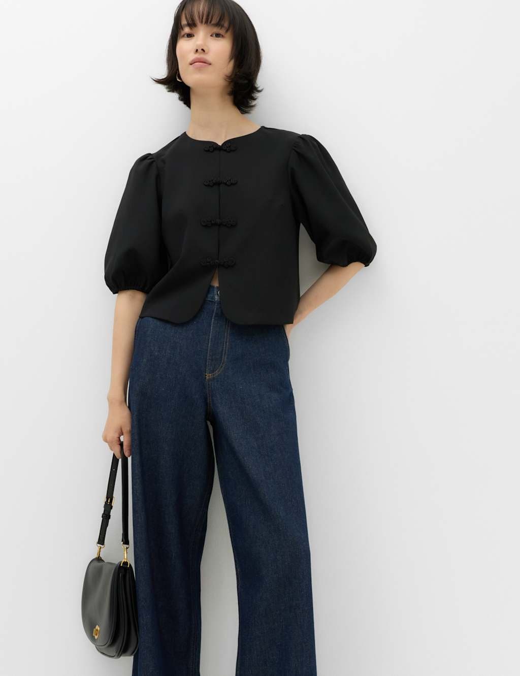Marks & Spencer M&S Knot Button Detail Puff Sleeve Top Black