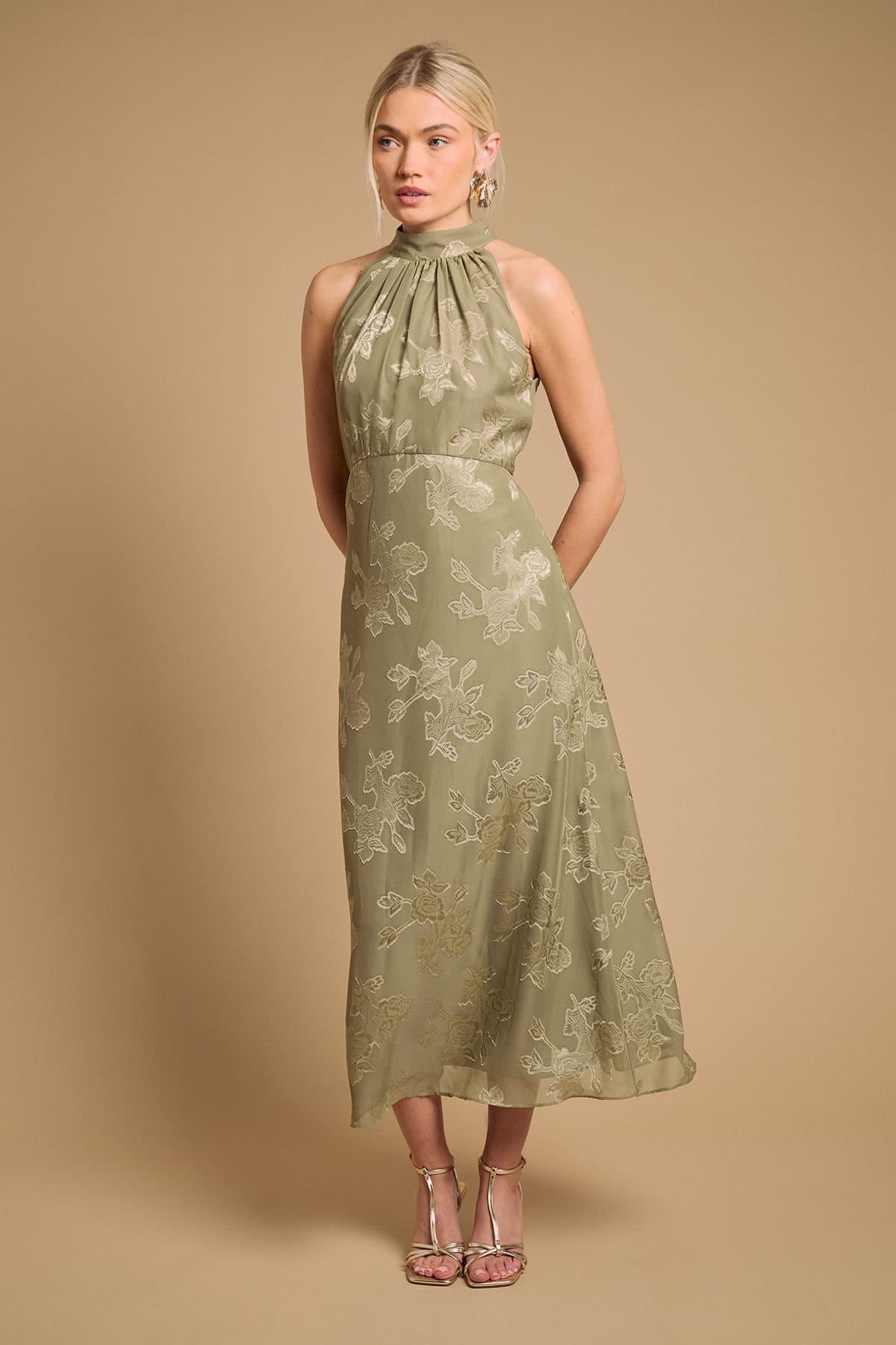 Oasis Oasis Women's Plain Satin Burnout Halterneck Midi Dress in Olive