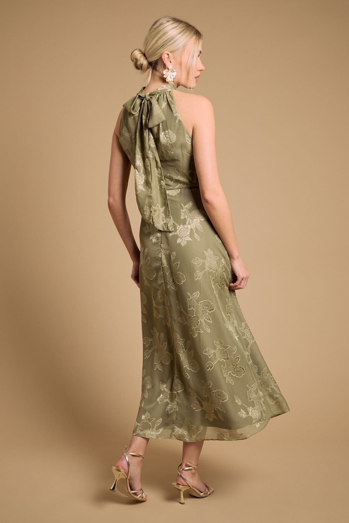 Oasis Oasis Women's Plain Satin Burnout Halterneck Midi Dress in Olive - 4