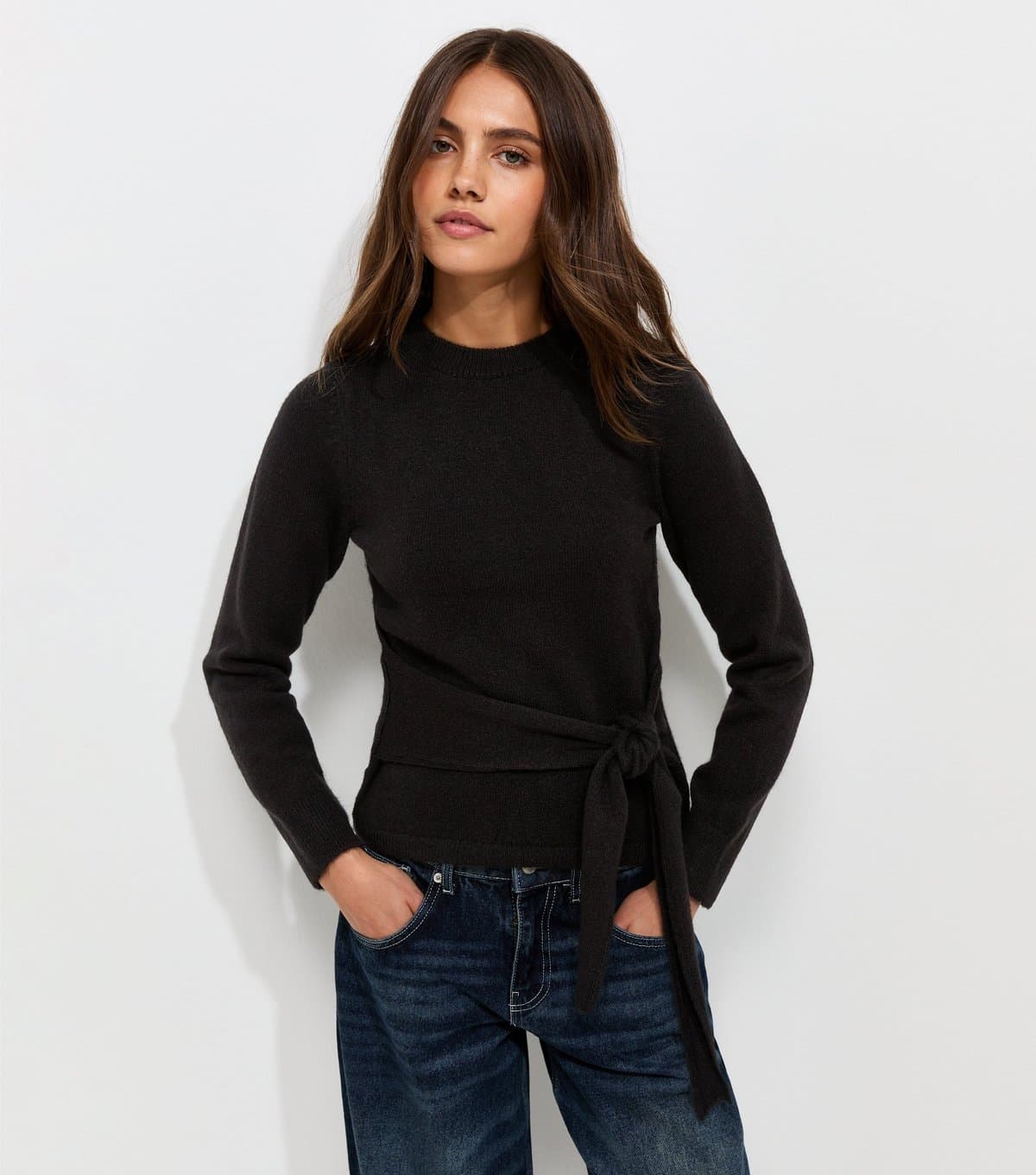 New Look Women's Black Knitted Tie Front Jumper New Look