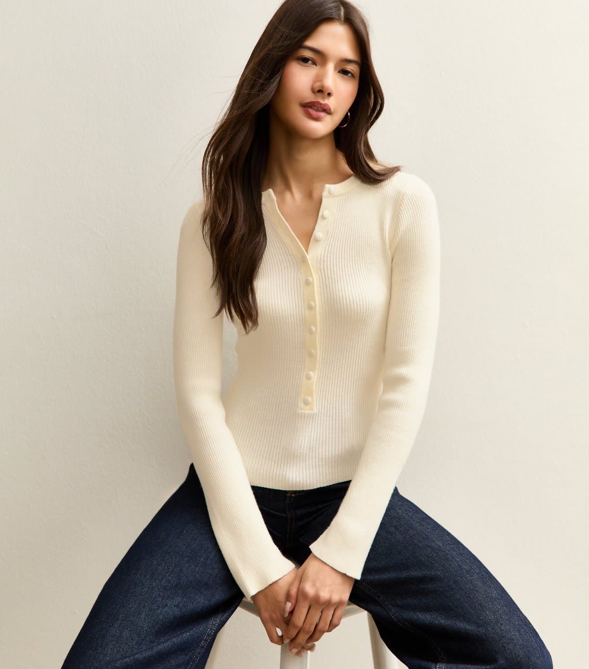 New Look Women's Cream Ribbed Knit Long Sleeve Button Up Jumper New Look