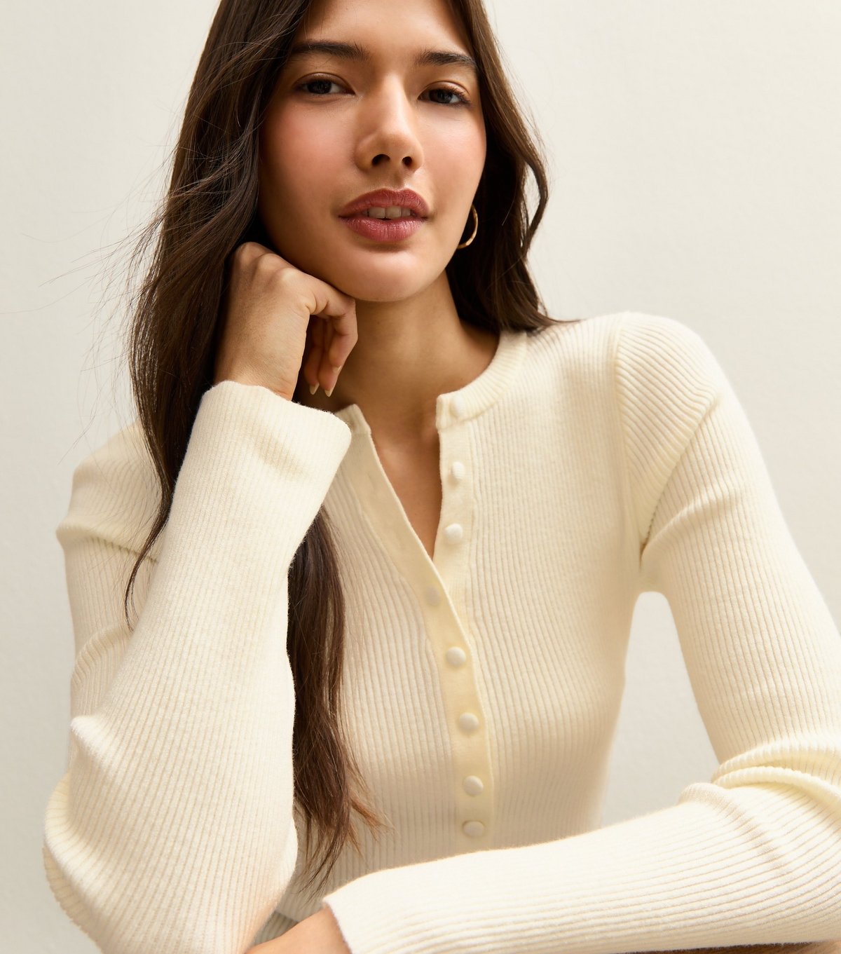 New Look Women's Cream Ribbed Knit Long Sleeve Button Up Jumper New Look - 2