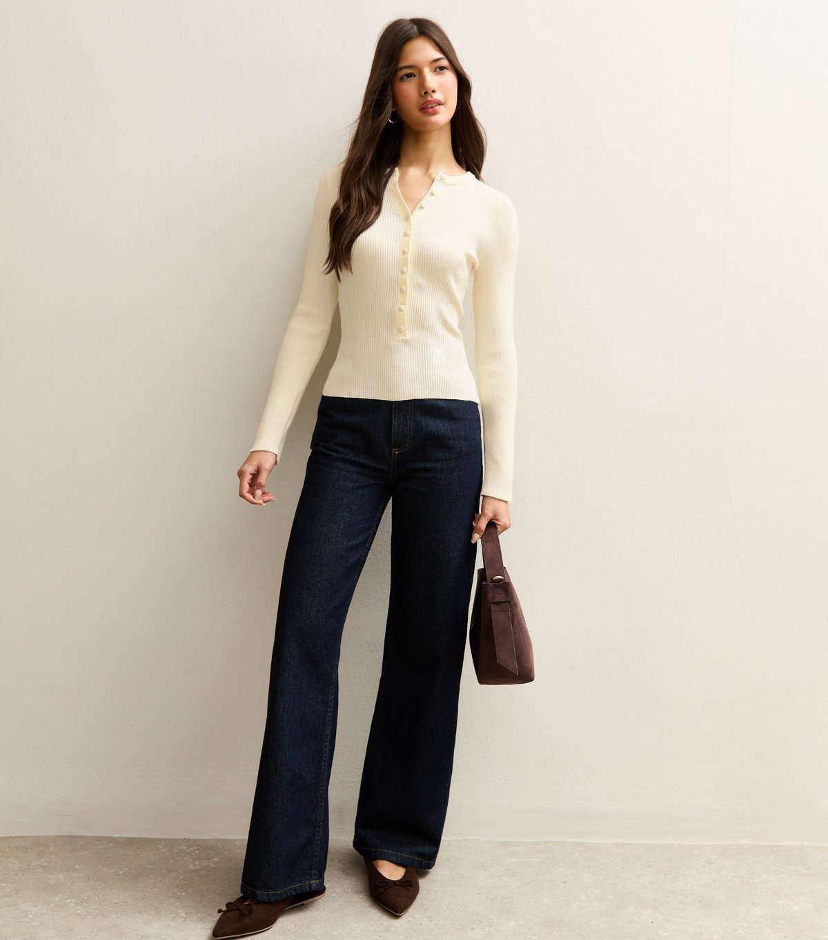 New Look Women's Cream Ribbed Knit Long Sleeve Button Up Jumper New Look - 3