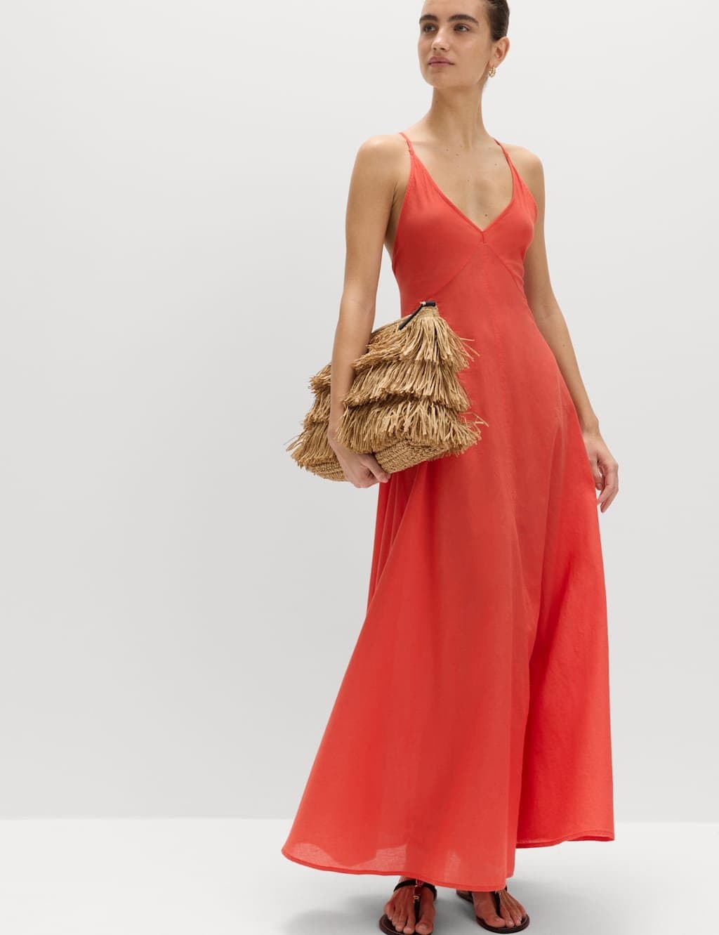 Marks & Spencer M&S Pure Cotton Strappy V-Neck Maxi Beach Dress Bright Orange