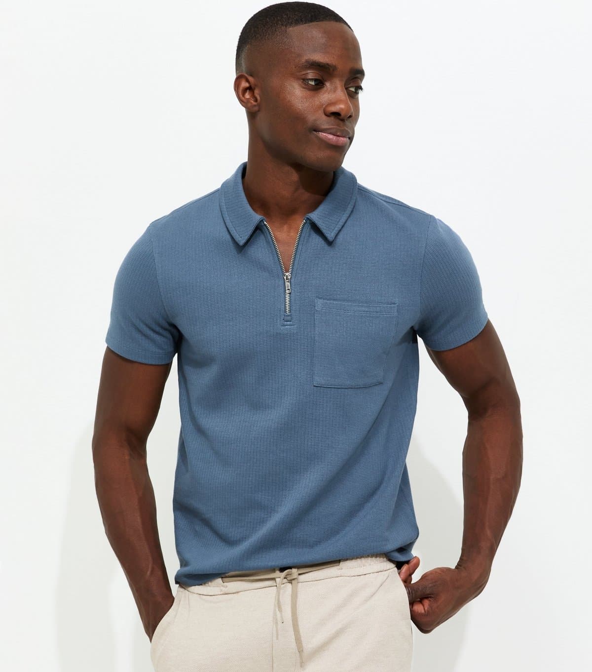 New Look Men's Dark Blue Regular Textured Quarter Zop Polo Shirt New Look