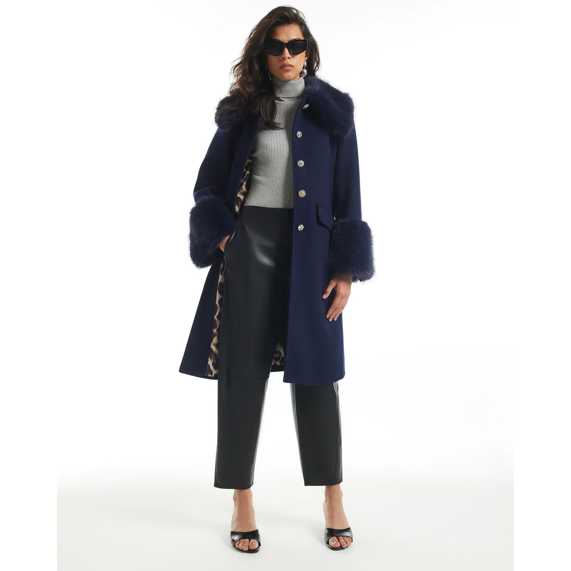 River Island River Island Womens Navy Faux Fur Trim Embellished Button Coat