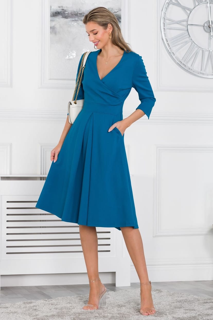 Jolie Moi Jolie Moi Women's Paige 3/4 Sleeve Wrap Dress in Teal - 1