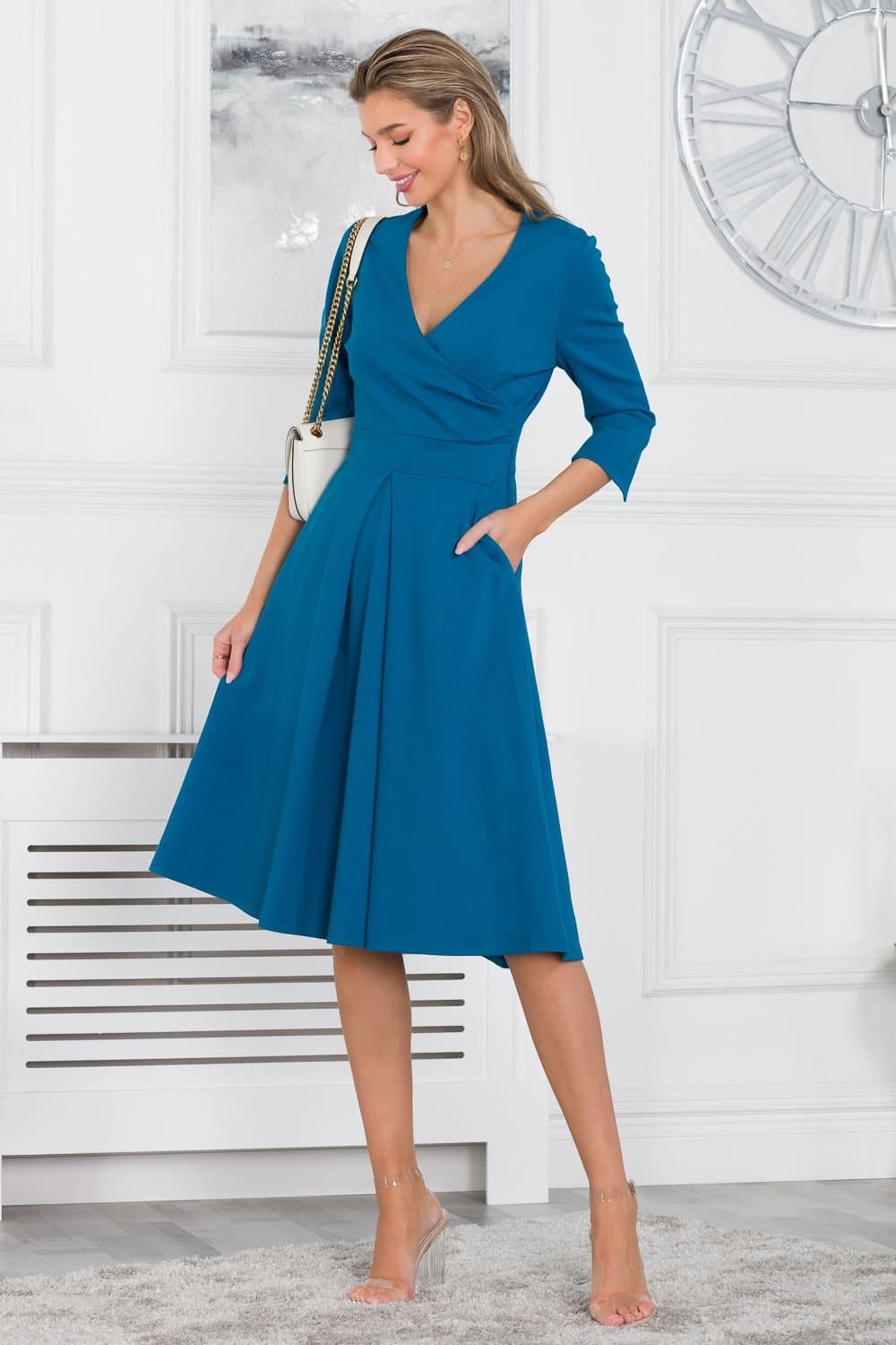 Jolie Moi Jolie Moi Women's Paige 3/4 Sleeve Wrap Dress in Teal