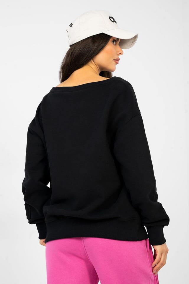 Love Lace Love Lace Women's Cotton Blend Boat Neck Sweatshirt Embroider in Black - 3