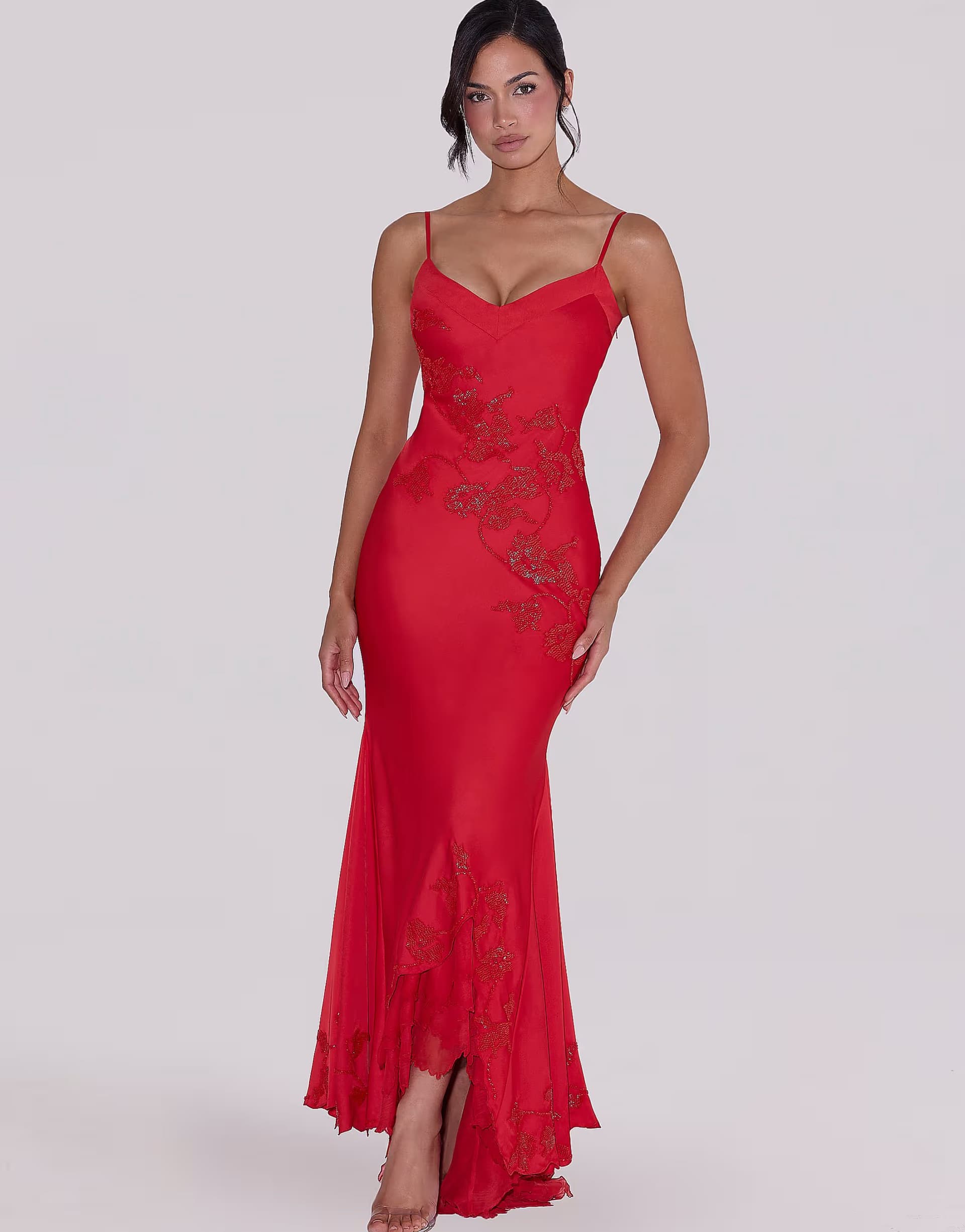 ASOS ASOS House of CB Red Hand Beaded Satin Maxi Dress