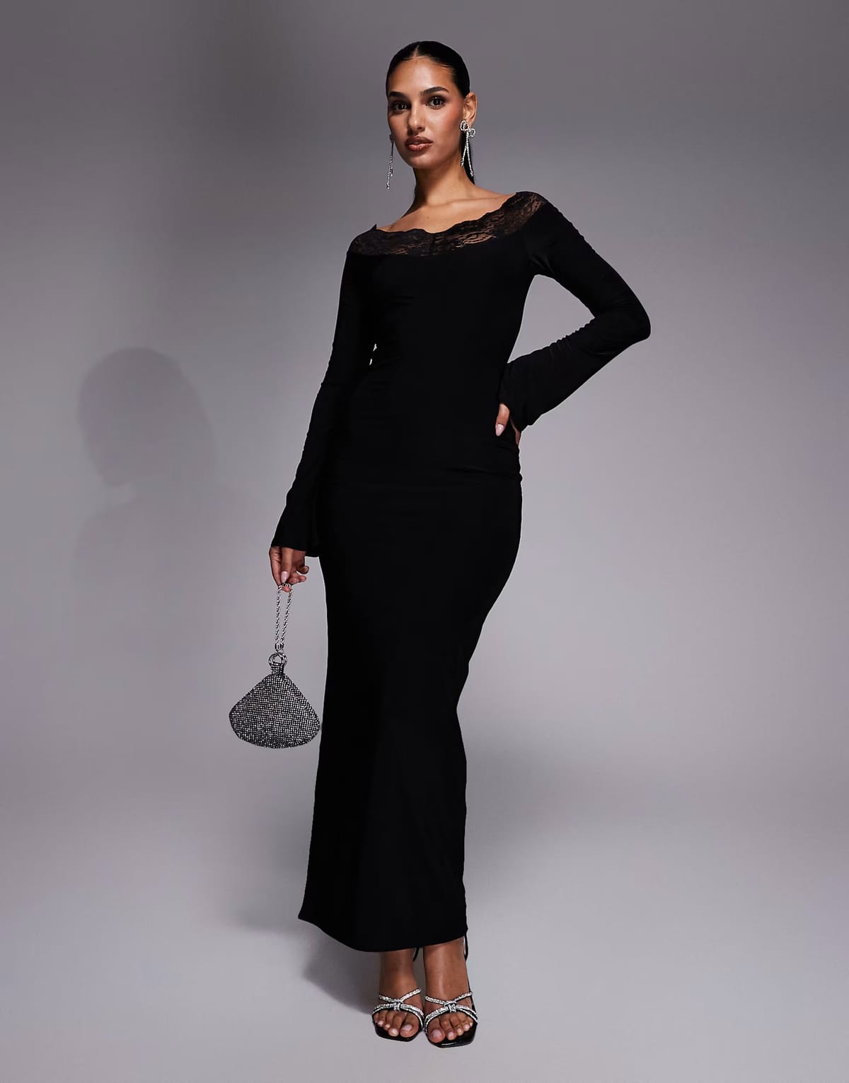 ASOS Fashionkilla exclusive slinky lace trim bardot flare sleeve maxi dress in black - 1