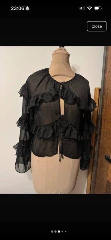 ASOS Design Miss Selfridge tie front ruffle blouse in black sheer frill cover up goth summer size S - 1