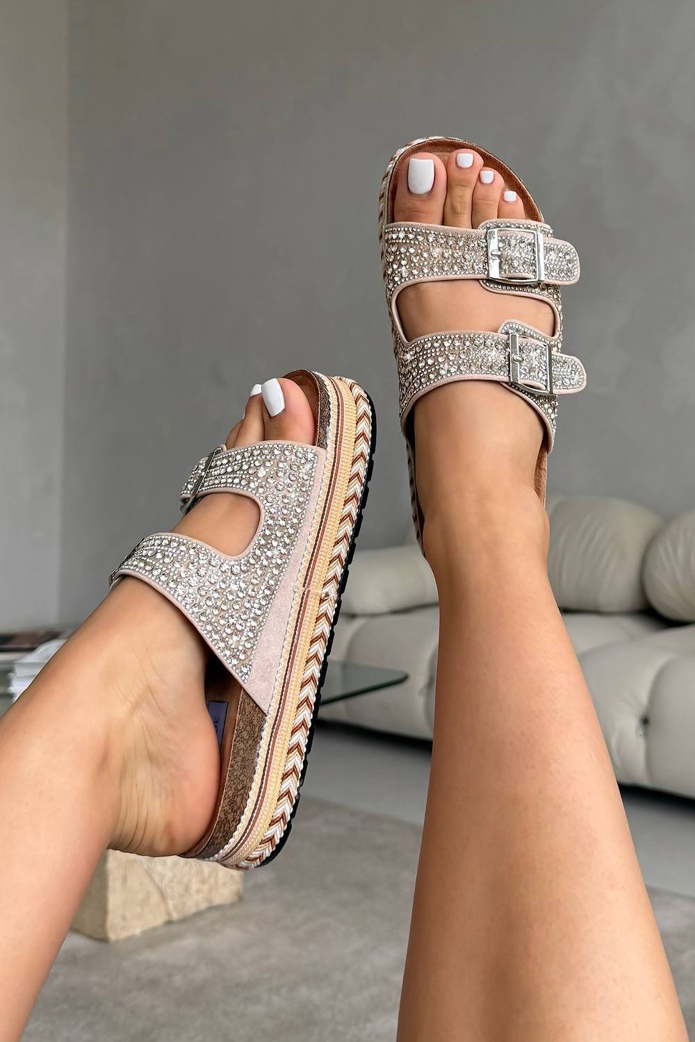 Love Lemonade Love Lemonade Women's Crystal Riviera Double Buckle Sliders in Gold - 4