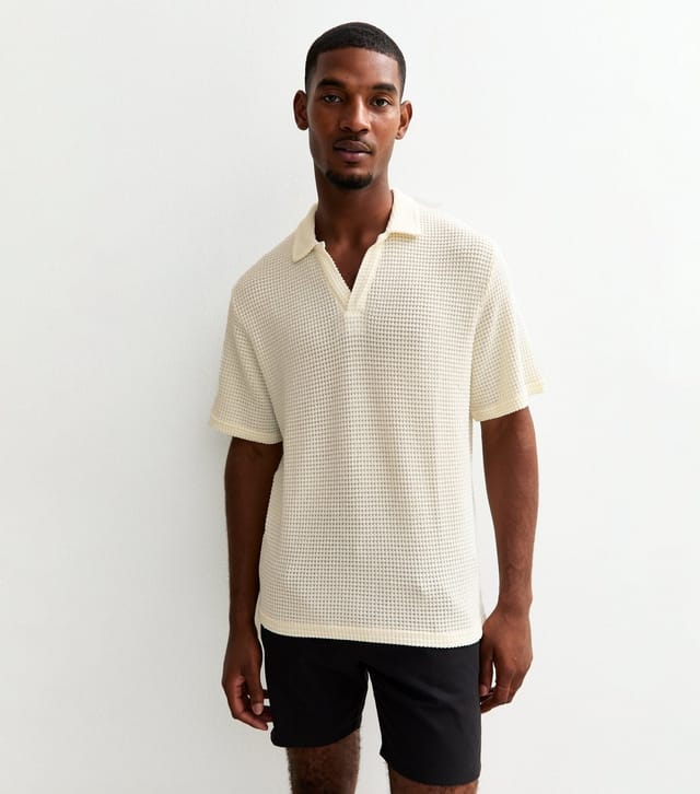 jack & jones Men's Cream Open Knit Resort Polo Shirt Jack & Jones New Look - 2