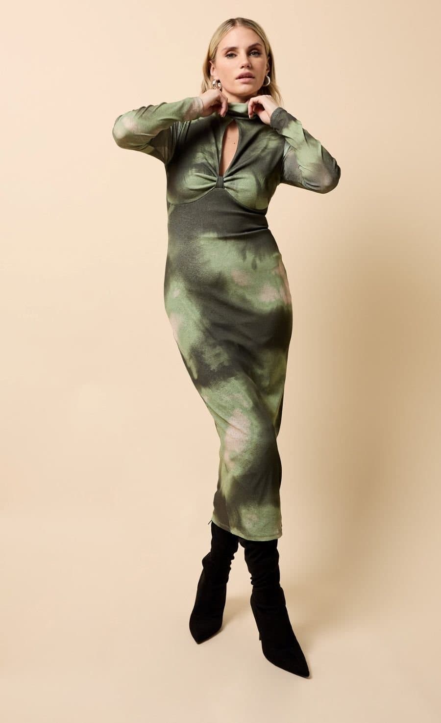 Little Mistress Little Mistress Women's Khaki Print Keyhole Midaxi Dress