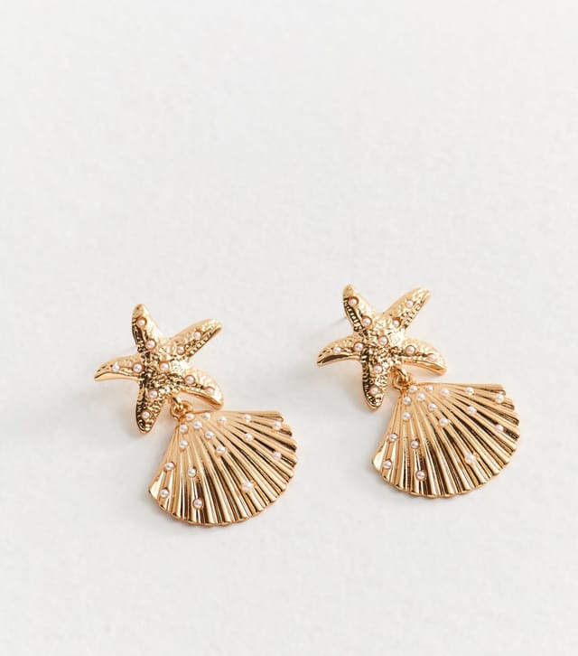 New Look Gold Tone Faux Pearl Starfish Shell Drop Earrings New Look - 3