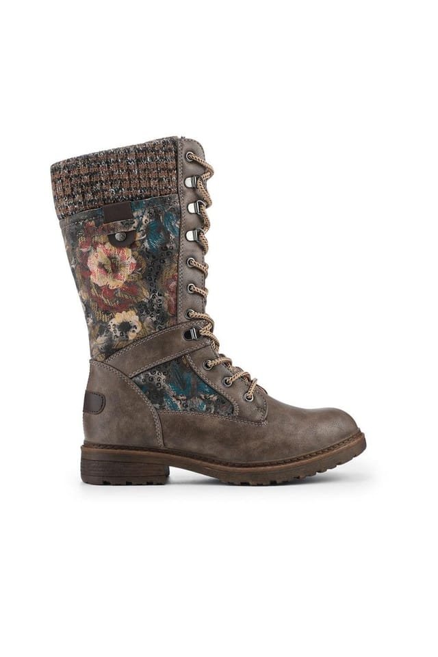Pavers Pavers Women's Tall Lace Up Boots With Knitted Ankle Cuff in Grey - 2