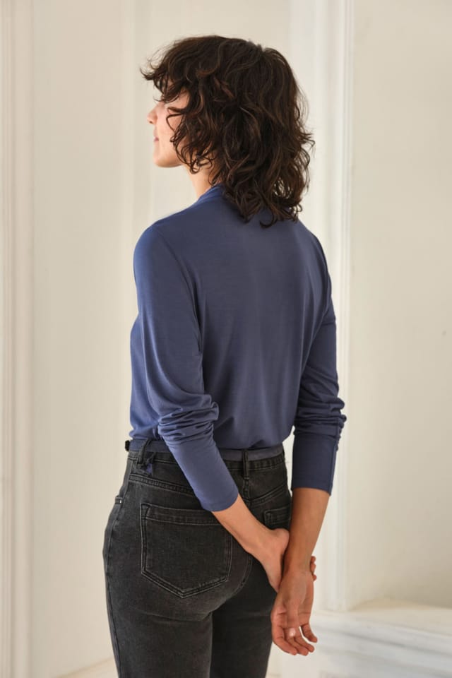 Pure Collection Pure Collection Women's Wrap Drape Neck Long Sleeve Top in Mid Blue - 3