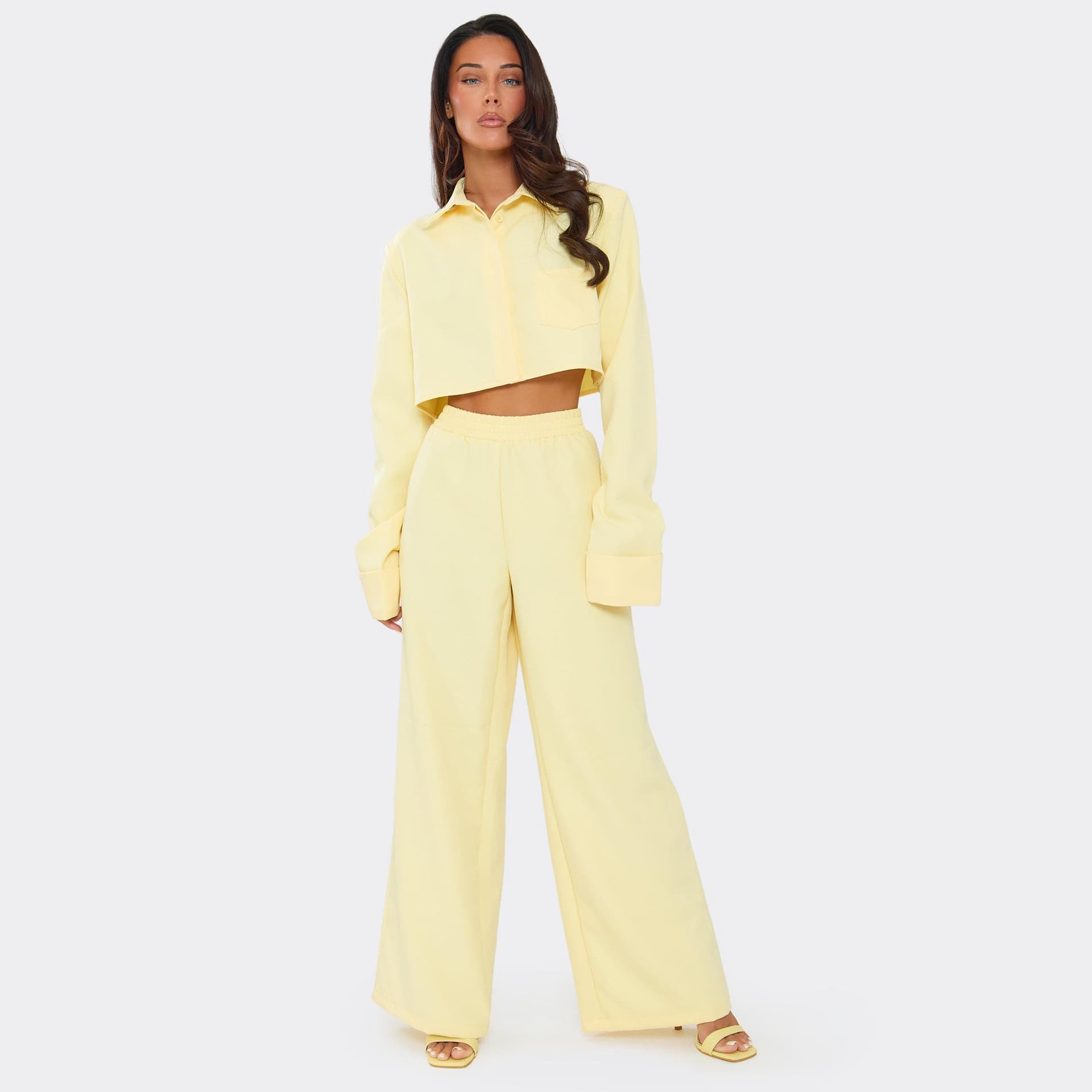 EGO Mid Rise Wide Leg Trousers In Lemon, Women's Size UK 6