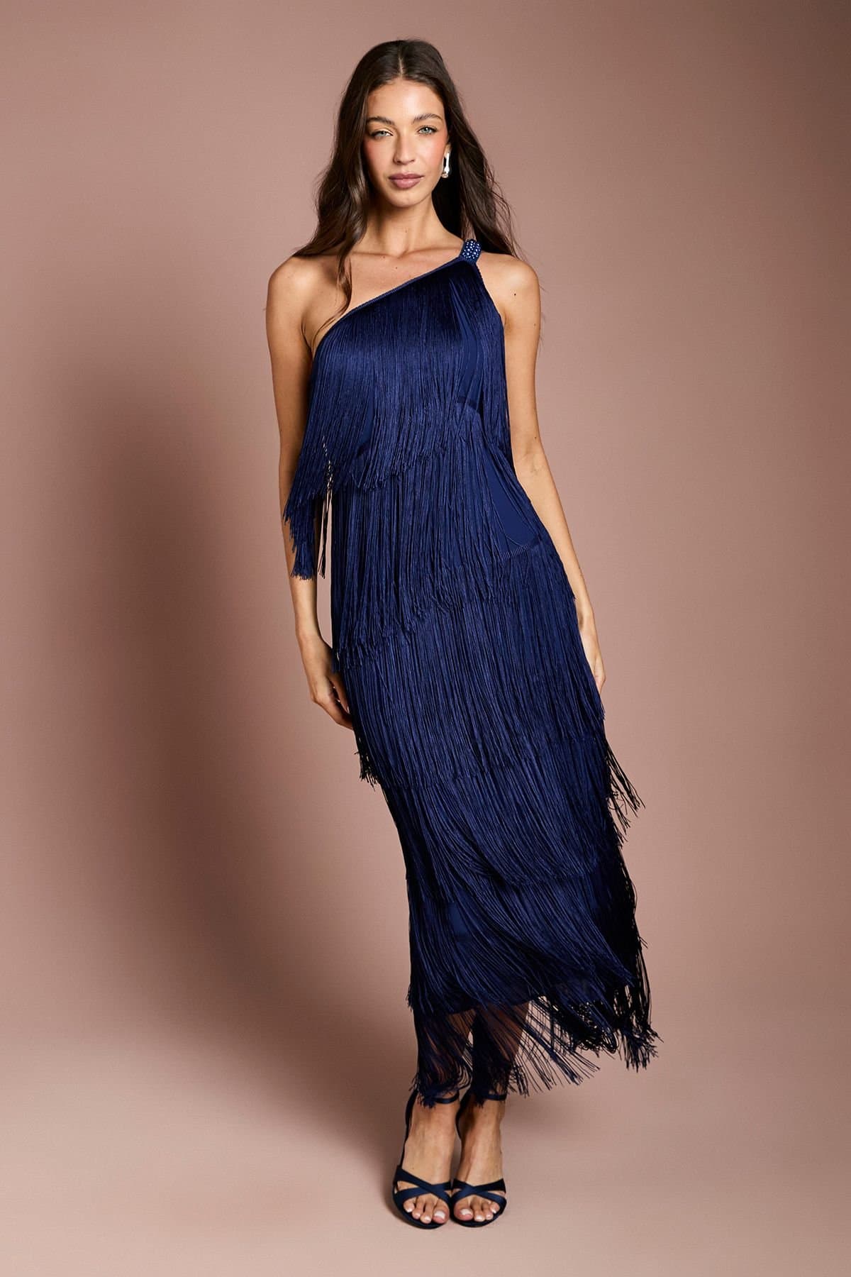 Coast Coast Women's Tiered Fringe One Shoulder Maxi Dress in Navy