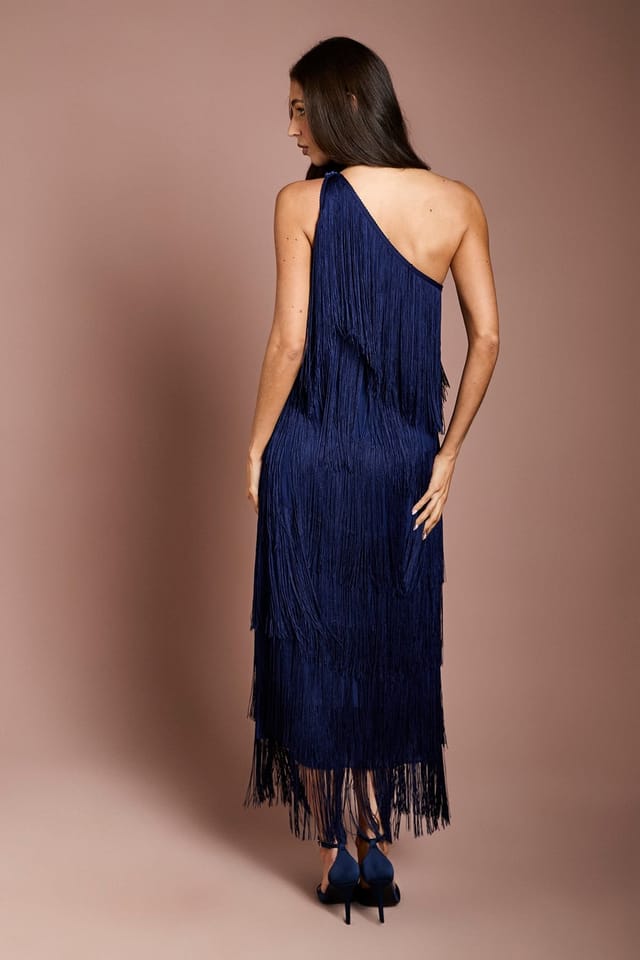 Coast Coast Women's Tiered Fringe One Shoulder Maxi Dress in Navy - 3