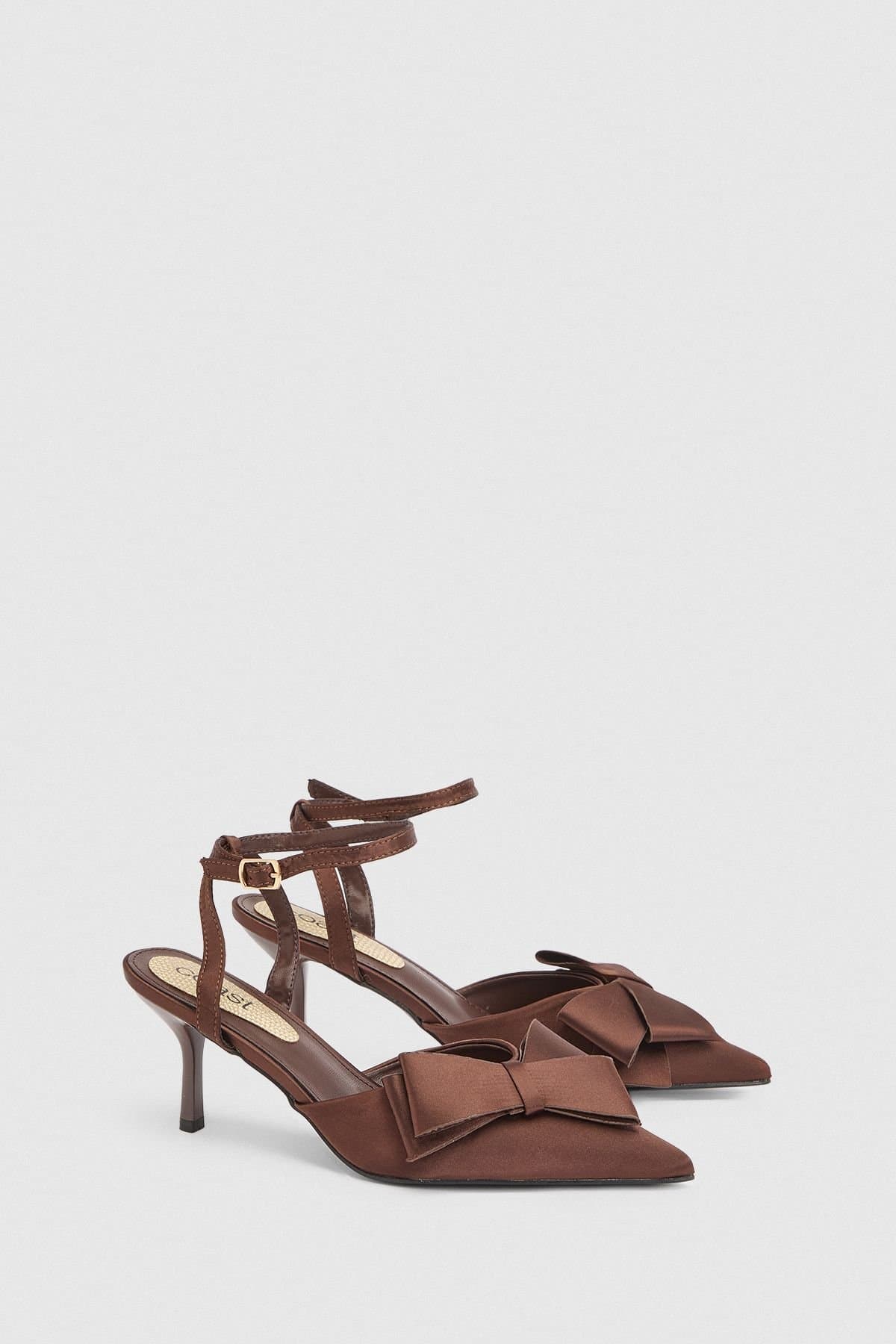 Coast Coast Women's Ella Satin Ankle Strap Bow Detail Medium Stiletto Heel Court Shoes in Chocolate