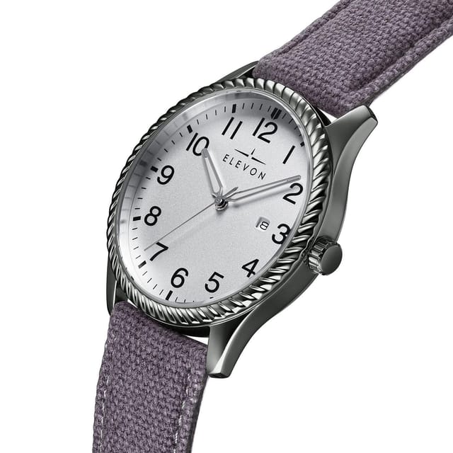 Elevon Elevon Men's Crosswind Canvas-Overlaid Leather-Band Watch w/ Date in Grey - 2