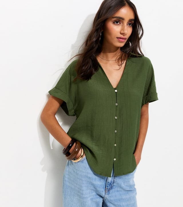New Look Women's Dark Khaki Crinkled Short Sleeve Shirt New Look - 2