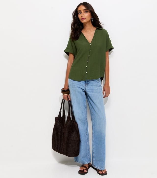 New Look Women's Dark Khaki Crinkled Short Sleeve Shirt New Look - 3