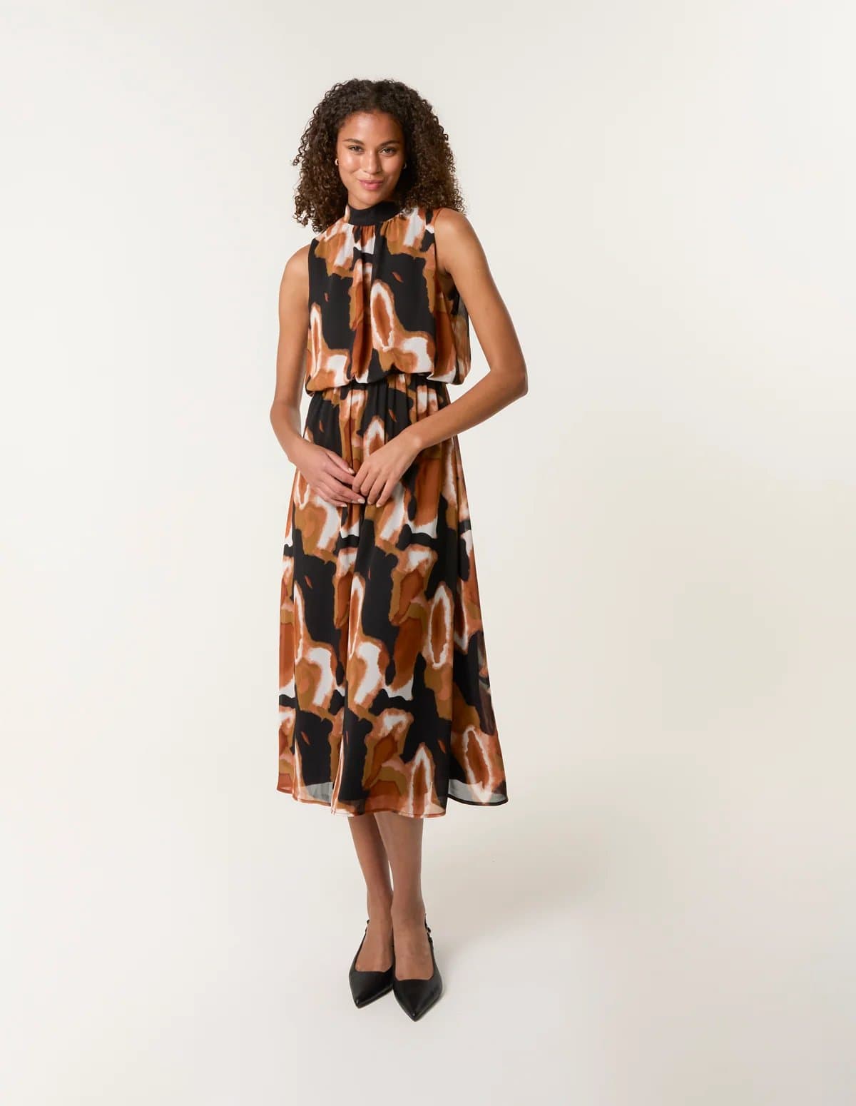 Blue Vanilla Sleeveless Puffball High Neck Printed Dress