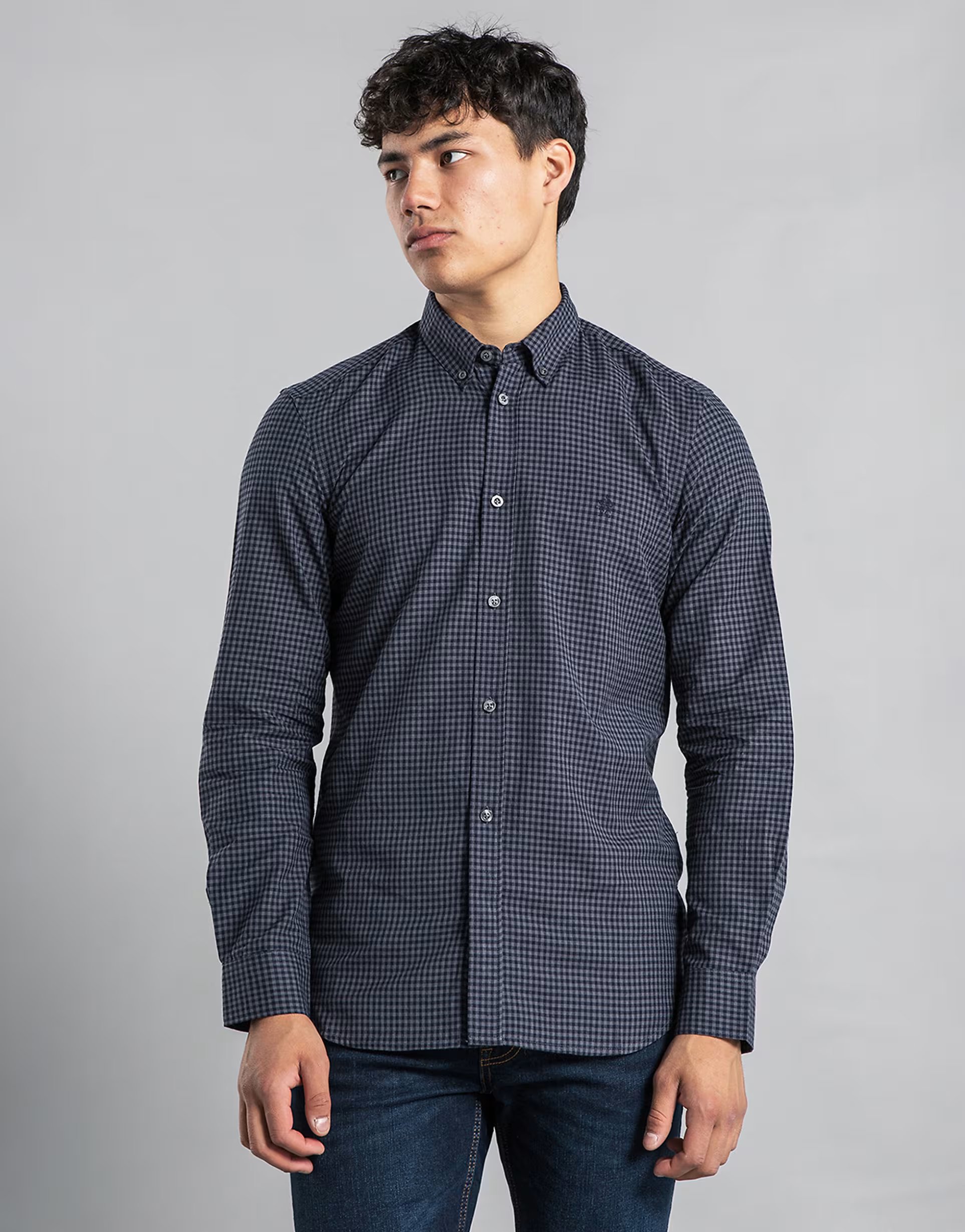 ASOS French Connection Cotton long sleeve gingham shirt in charcoal - 1